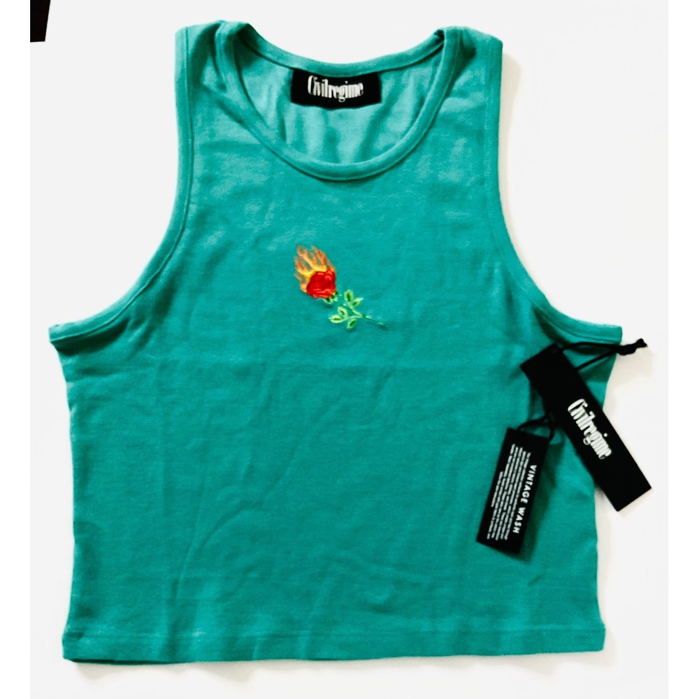Civil Regime Burning Rose Rib Tank Top Vintage Wash Sleeveless Jade Green L